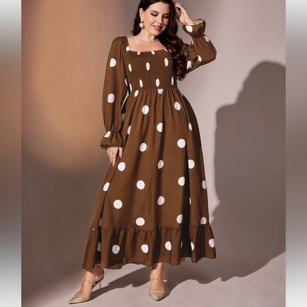SHEIN Brown Polka Dot Pretty Women Dress Plus Size 0XL NEW Ruffled Hem